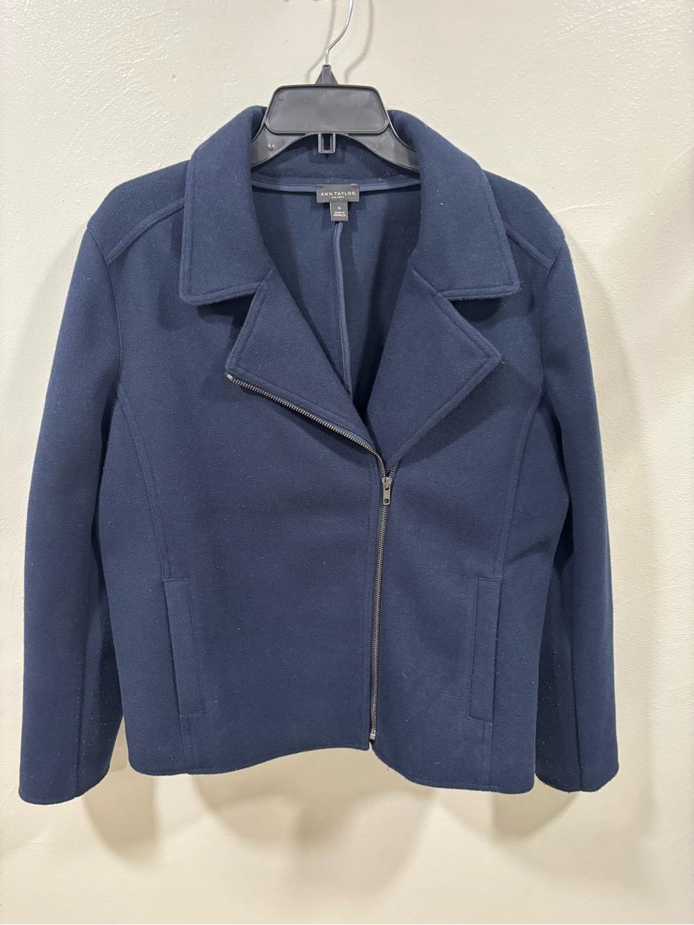 Ann Taylor Navy Wool-Blend Asymmetrical Zip Pea Coat